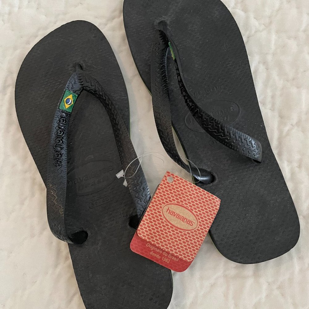 Havaianas Black Flip Flop Sandals with Brazilian Flag Accent
